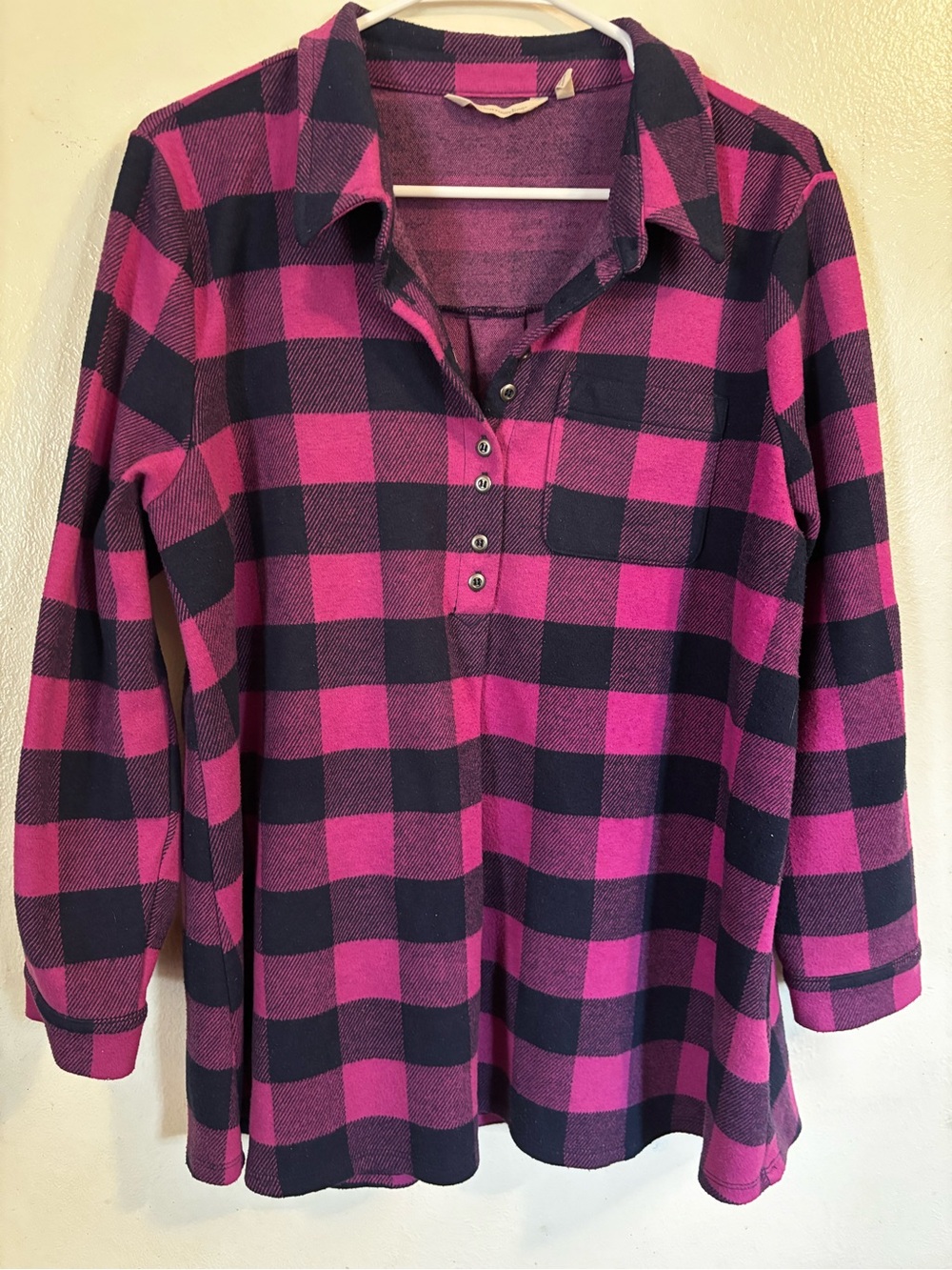 Soft Surroundings Magenta and Black Plaid Button-Up Henley